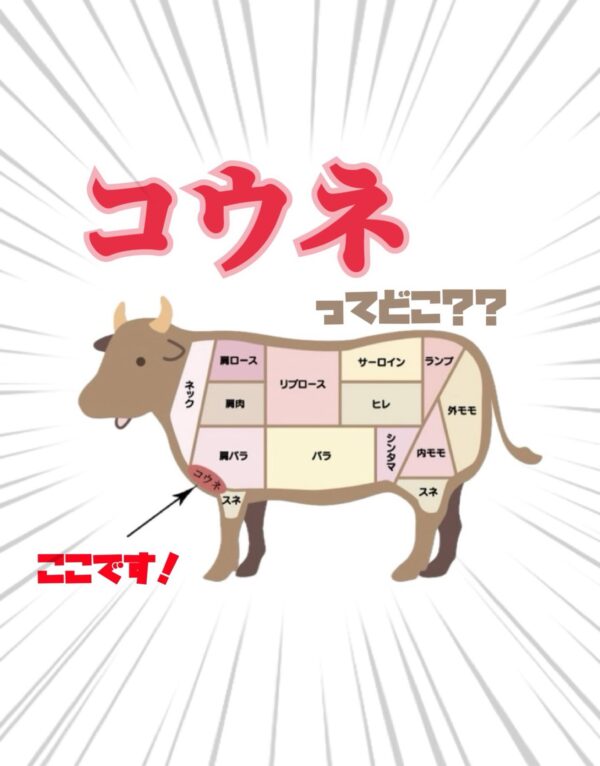 コウネの位置を示す牛肉部位図。広島名物コウネは肩バラ肉の一部で、1頭から約2kgしか取れない希少部位。